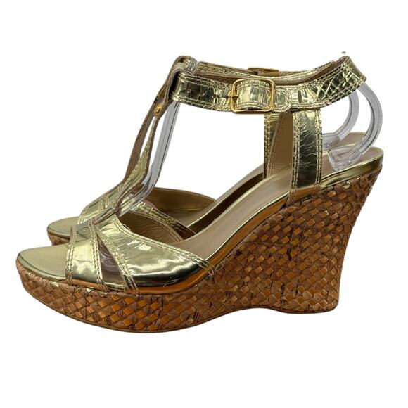 Stuart Weitzman Juty Woven Gold Metallic Wedge Sandal Women 6.5 Resort Luxe Glam - Picture 2 of 9